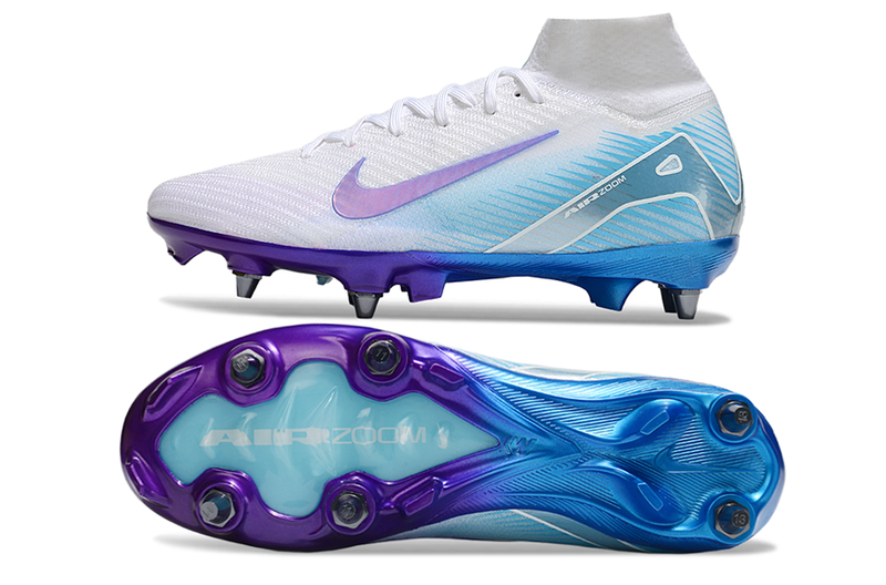 Chuteira Nike Zoom Mercurial SuperFly 10 Elite SG - Branca, Azul e Rosa